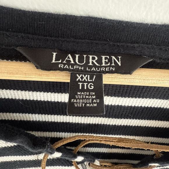 Lauren Ralph Lauren Striped Lace-Up Waffle-Knit Top Leather Drawcord Size XXL - Picture 9 of 12